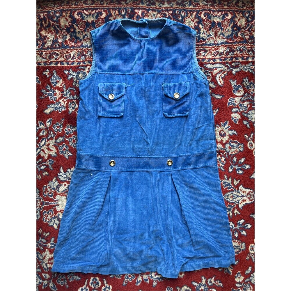 Vintage Girls Handmade? Dress Size 8-9? Blue Corduroy Gingham Details Buttons
